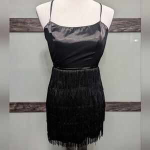 White Fox black fringe open back dress